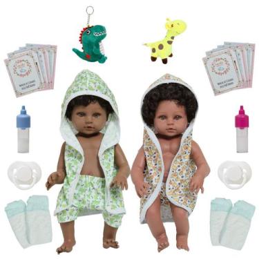 Imagem de Boneca Reborn Negra Gêmeos Realistas Roupão Girafa e Jacaré - Cegonha 