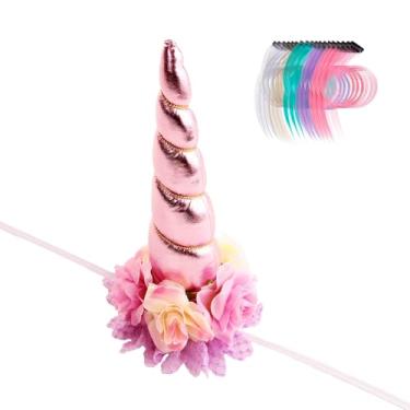 Imagem de Nishine Faixa de cabeça de chifre de unicórnio floral de 20 x 12,7 cm + 18 peças de tinsel de cabelo de crina de pônei para fazer do seu cavalo um unicórnio decoração de festa de casamento Holloween