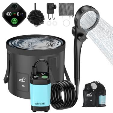 Imagem de Chuveiro portátil para acampamento, chuveiro de acampamento de 6000 mAh com tela de LED, chuveiro de acampamento com balde dobrável de 5 galões, chuveiro de acampamento portátil com 3 modos de