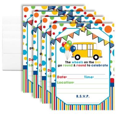 Imagem de Convites de festa de aniversário Wheels on the Bus - Convites adoráveis para crianças, pacote com 8 cartões de preenchimento de dupla face 5x7 com oito envelopes brancos suprimentos de festa infantil