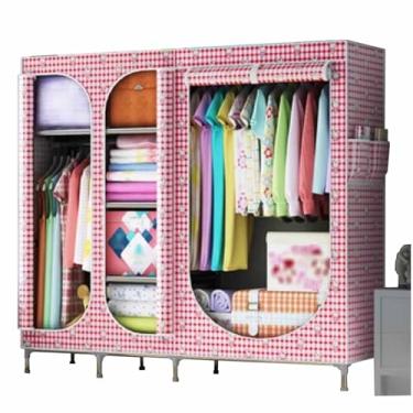 Imagem de Guarda-roupa Armário grande com zíper totalmente fechado, armação de tubo de aço, pano de cetim, guarda-roupa resistente, durável, simples para quarto armário