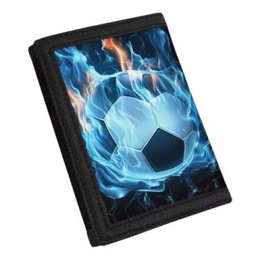 Imagem de COEQINE Carteira de gato preta com três dobras para adolescentes e meninos, bolsa de dinheiro com bolso para moedas, esportes ao ar livre para acessórios de viagem, Bola de futebol 3D Cool BLUE FRIRE