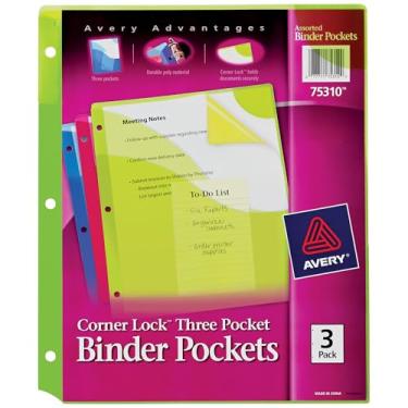 Imagem de Avery Bolsos de fichário com trava de canto para fichários com três bolsos sortidos, azul, verde, rosa (75310)