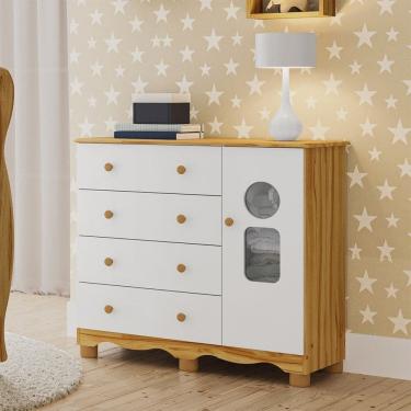 Imagem de Cômoda Infantil 95cm 1 Porta com Janela e 4 Gavetas Ezra 100% MDF Espresso Móveis Branco /Amêndoa