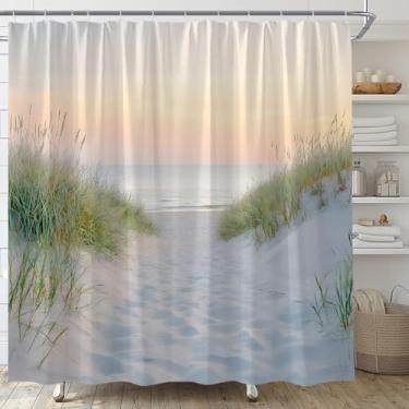 Imagem de AMFD Cortina de chuveiro oceânica, praia, nascer do sol, pôr do sol, grama, tropical, litoral, litoral, paisagem natural, paisagem natural, conjunto de tecido decorativo inclui ganchos, (177,8 cm x