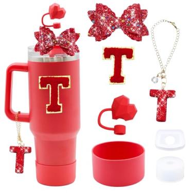 Imagem de Liangang Conjunto de acessórios para copos Red Stanley de 7 peças - 850 g, copo de 1,134 g com alça - topo de palha de coração, pingente de letra, laço vermelho brilhante, tampa à prova de