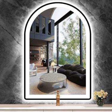 Imagem de THEKLA Espelho De Vaidade Em Arco Preto Para Banheiro De 24 X 36 Polegadas Com Moldura Preta Clara, Espelho De Arco Led Para Parede De Banheiro, Espelho Iluminado Em Arco, Antiembaçante, Regulável,