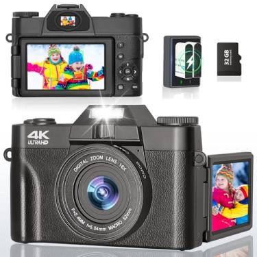 Imagem de Câmera digital, câmera digital de 56 MP 4K para fotografia, cartão 32G, câmera vlogging de 3 polegadas, tela flip de 180°, foco automático, flash 4K, zoom digital de 16x, visor óptico compacta, câmera