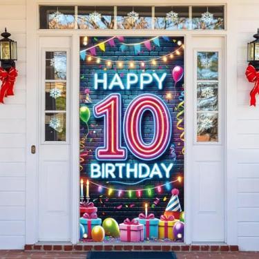 Imagem de Starlit Patio Capa de porta de feliz aniversário de 10 anos Banner de aniversário neon decoração de fundo de cabine de fotos de 10º aniversário banner para homens meninos decoração de porta de parede
