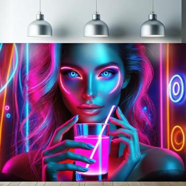 Imagem de Starlit Patio Tapeçaria de luz negra Cyberpunk Girl UV reativa que brilha no escuro neon tapeçaria arte estética tripla pôster para quarto sala de estar dormitório bar decoração 192 x 159 centímetros