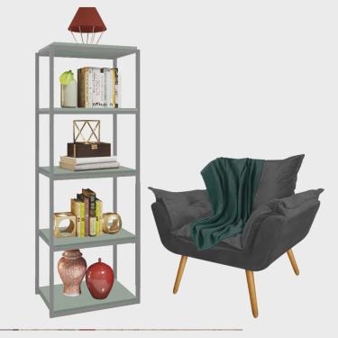 Imagem de Kit Poltrona Fatte com Manta Soft Verde e Estante Livreiro Ferro Cinza mdf Verde Oliva Suede Cinza - Ahazzo Móveis