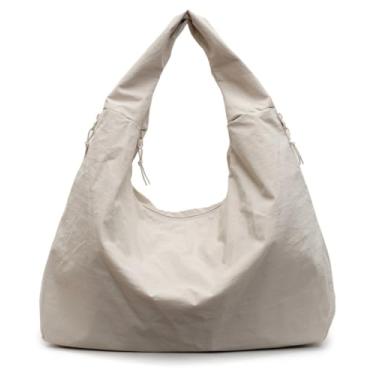 Imagem de Bolsa de mão folgada 2025 Nylon sólida plissada bolsa masculina feminina ombro grande viagem academia deslocamento Hobo fim de semana férias, Bege