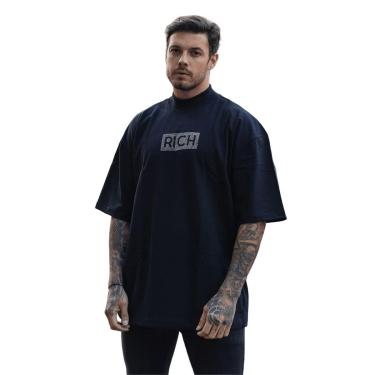 Imagem de Camiseta Oversized Gola Alta Aplique Quadrado Streetwear Confortavel Masculina Preto-Masculino