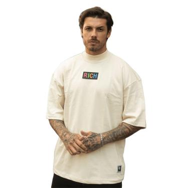 Imagem de Camiseta Oversized Gola Alta Borracha Colorida Streetwear Confortavel Masculina Creme-Masculino