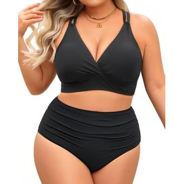 Imagem de Maiô feminino plus size de duas peças - biquíni de cintura alta com alças duplas controle de barriga roupa de banho 2025, Preto, 24 Plus Size