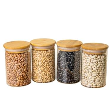 Imagem de Kit 4 potes de vidro com tampa de bambu herméticos para mantimentos 250 ml