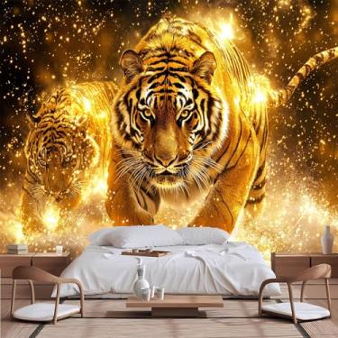Imagem de Lcythiazole Mural de parede Enchanted Golden Tigers - Tamanho personalizável, autoadesivo e removível, para uma atualização mágica da casa para sala de estar, quarto, sala de jantar