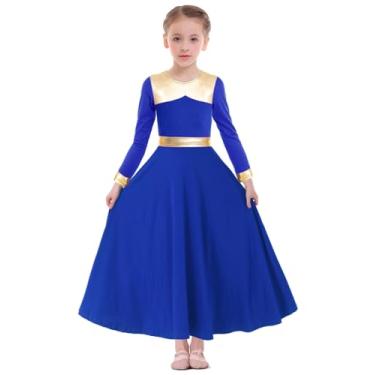 Imagem de Z&X Roupas de dança de louvor para meninas em ouro metálico, adoração litúrgica, roupão de igreja, traje de saia rodada de comprimento total, 06 Azul royal, 5-6 Anos