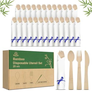 Imagem de SoulTan Goods Conjunto de talheres de bambu descartáveis pré-enrolados – pacote com 25 talheres e guardanapos pré-embrulhados com garfos, facas, colheres para festas, casamentos, eventos e churrasco