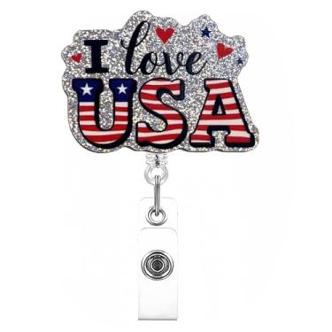 Imagem de Carretel de crachá Independence Day Love USA com desenhos de coração retrátil com glitter 4 de julho para enfermeira, médica, professora de enfermagem, estudante, trabalhador médico