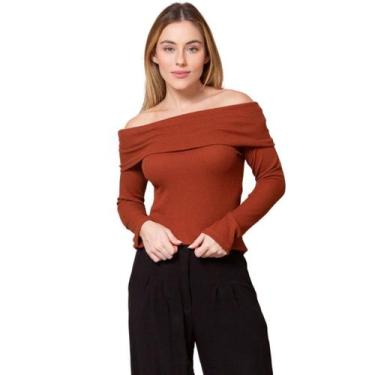 Imagem de Blusa Feminina Ombro a Ombro Manga Longa Wafle - Maranne, Terra cota, 