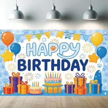 Imagem de Starlit Patio Banner de fundo de feliz aniversário, caixa de presente de desenho animado azul, balões de bolo, estrelas, decoração de festa, fundo fotográfico para crianças, meninos, meninas