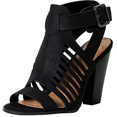 Imagem de Soda Yummy ~ Sandália de salto empilhado com recorte gladiador com fivela ajustável no tornozelo, Preto, 37