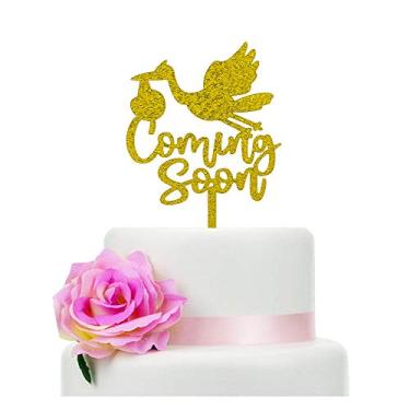 Imagem de Topo de bolo dourado com glitter que vem em breve para decoração de chá de bebê Gênero Revelação de bolo Topper de cetim Silhueta de bolo Topper
