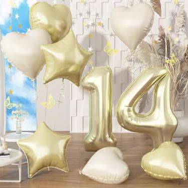 Imagem de Champagne Gold 14 Balloon Number, Mylar 40'' 14 Balloon with Cream Heart Star Balloon Graduation Decor, Large 14 Foil Light Gold Ballloon for Boys 14th Birthday Party Anniversary Decoration Suppliesv