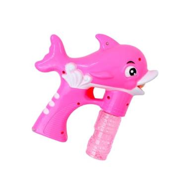 Imagem de Pistola Lança Bolhas de Sabão Golfinho Rosa com LED e Música, 17x18x6,5cm, Inclui 2 Refis