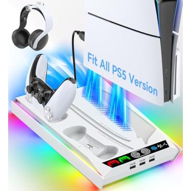 Imagem de Rysker PS5/Slim/Pro Cooling Station with Quiet Cooling Fan and Fast Controller Charger for Disc & Digital Console, PS5 Accessories Incl. 3 USB Ports, Screw and Headset