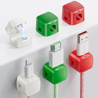 Imagem de gliship Pacote com 6 clipes magnéticos para cabos – Suporte de cabo de celular ajustável para mesa de cabeceira, suporte de cabo mini cubo [1 cadeado], organizador de cabo de carregamento para