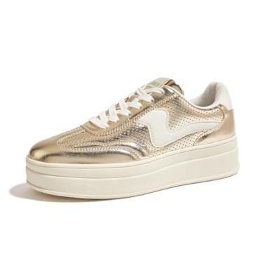 Imagem de LUCKY STEP Tênis feminino moderno plataforma sola grossa camurça couro legítimo clássico borracha sola de goma cano baixo casual sapatos de caminhada, Dourado/branco, 41