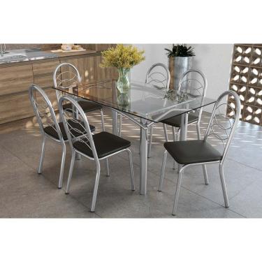 Imagem de Kit 6 Cadeiras Sala Jantar Elba c/ Tampo de Vidro 150cm e 6 Cadeiras Holanda Cromada - Courano Preto - Kappesberg