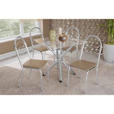 Imagem de Kit 4 Cadeiras Sala Jantar Volga c/ Tampo de Vidro 90cm e 4 Cadeiras Holanda Cromada - Courano Bege - Kappesberg