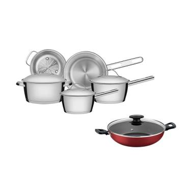Imagem de Kit - Jogo De Panelas Allegra 5 Pçs Inox + Panela Wok Alumínio Loreto 28cm Vermelha - T...
