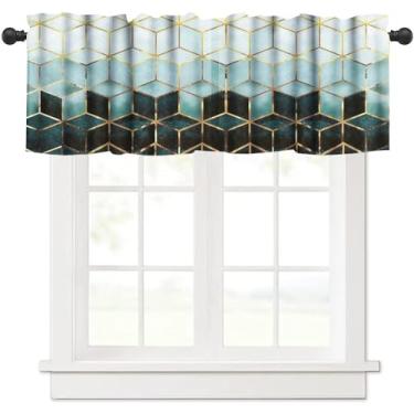 Imagem de Cortinas geométricas de mármore, azul-petróleo, douradas, texturizadas, meias cortinas para cozinha, sala de estar, banheiro, janelas, 1 painel, cortinas de bolso para varão 137 x 45 cm