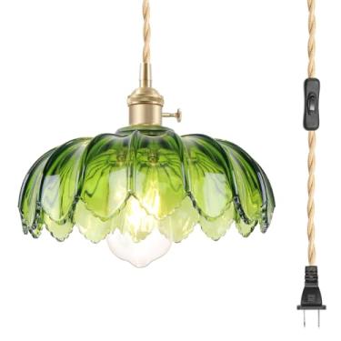 Imagem de OURIFU Luminária Pendente Vintage, Moderna De Meados Do Século Com Cúpula Vidro Verde Soprado À Mão, Lustre Fazenda 1 Luz Para Pendurar No Teto, Corredores E Entrada, Certificação Ul