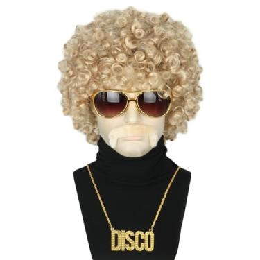 Imagem de Topcosplay Conjunto De 5 Peças Perucas Hippies Disco Dos Anos 70 E 80 Para Homens Ou Mulheres, Traje Festa Afro Rock, Curtas Cacheadas, Acessórios Fantasia Halloween (Loira)