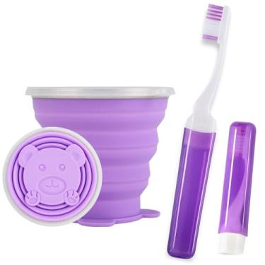 Imagem de Vporui Estojo De Viagem Para Escova Dentes, Copo Dobrável Silicone, Conjunto Adequado Camping Empresarial Ou Uso Diário (Roxo)