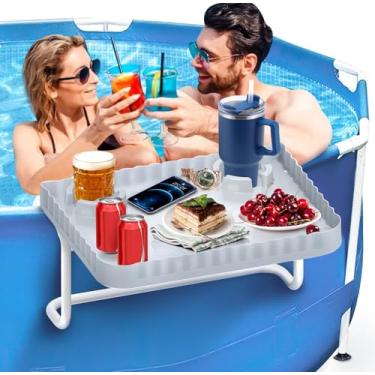 Imagem de Bar de piscina bar lateral para natação projetado para piscinas redondas acima do solo. Mesa de beira de piscina portátil para pátio, mesa de beira de piscina. Cinza