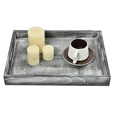 Imagem de Bandeja rústica de madeira envelhecida para café da manhã, bandeja octogonal para servir na cama com alças recortadas, suporte para documentos, mesa de café, cozinha doméstica (cinza)