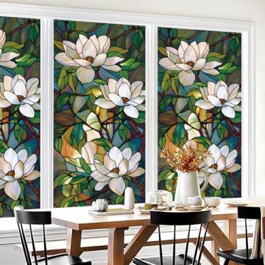 Imagem de Pacote com 2 películas decorativas para janela de vitral de flor branca – Vinil colorido fosco de folha estática, sem cola, bloqueio de UV, controle de calor, matiz para banheiro de escritório em casa