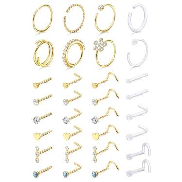 Imagem de THUNARAZ 32 peças de anéis de nariz para mulheres e homens - Retentor de aço inoxidável cirúrgico hipoalergênico em forma de L transparente/reto/saca-rolhas, argolas, cartilagem, hélice, tragus