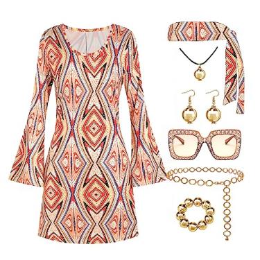 Imagem de Deerjoke Roupa de discoteca feminina dos anos 70, 7 peças, vestido de discoteca, fantasia hippie, acessórios para roupas de Halloween, Dourado, G