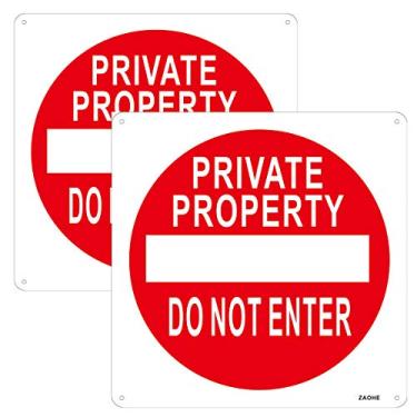 Imagem de 2 placas de propriedade privada não inserir placas de alumínio propriedade privada proteger sinalização de aviso, pense duas vezes antes de entrar, 30 x 30 cm