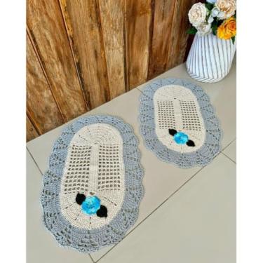 Imagem de Kit 2 Tapetes 70x50cm Oval Bordado Crochê Artesanal (Cinza)