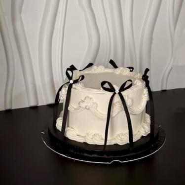 Imagem de hhdatc 6 Pcs Vintage Bow Ribbon and Pearl Cake Toppers 9x4.9 Inch Coquette Themed Party Decorations Bridal Shower Engagement, Birthday Candle Accessories Dessert Table Decor(black)