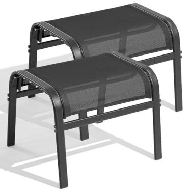 Imagem de ONBRILL Conjunto de 2 apoios para os pés otomanos para ambientes externos, tecido têxtilene, com superfície firme e estrutura de metal estável, pufes de uso amplo para pátio, varanda, piscina e