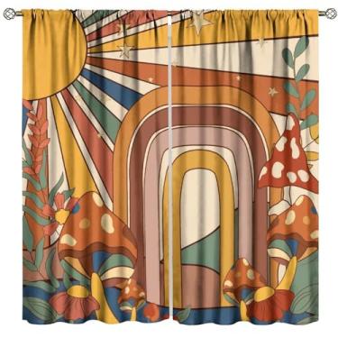 Imagem de Cortinas Boho Groovy, vintage, hippie, colorido, anos 60, 70, abstrato, geométrico, flor de cogumelo, arco-íris, luz do sol, tratamentos de janela, blackout para varão, para sala de estar, quarto